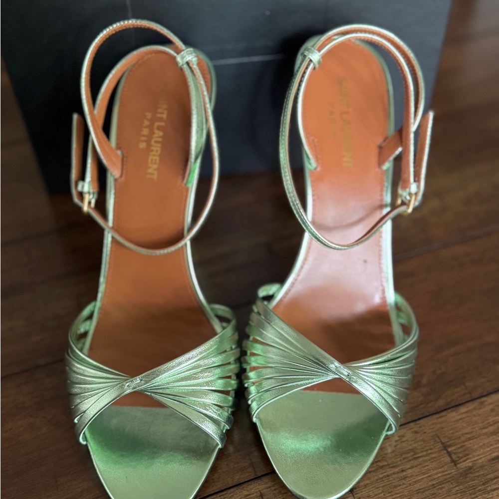 Saint Laurent Metallic Green Strappy “Tina Sandals” Heels - Picture 10 of 12
